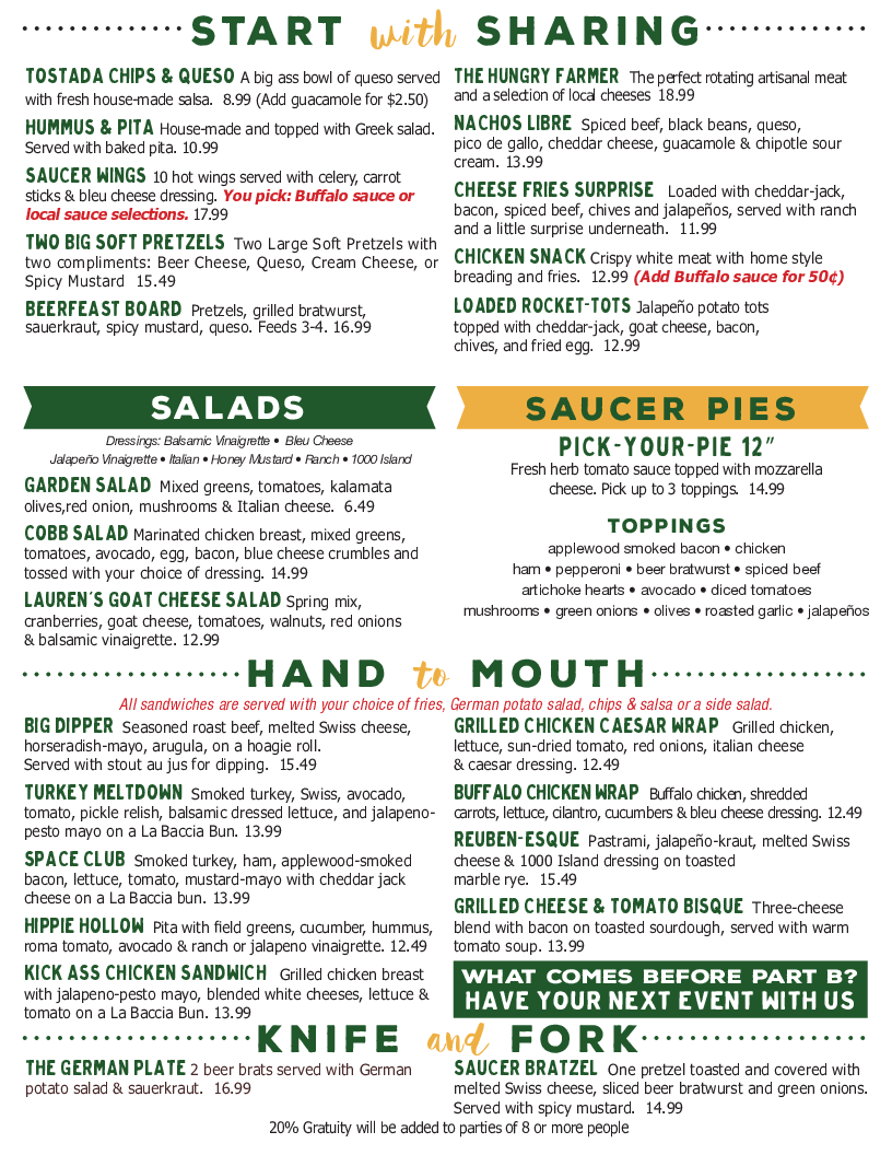 Little Rock Flying Saucer Food Menu